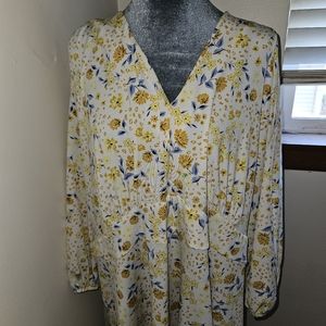Eloquii cream with yellow flowers and blue leaves Midi dress
